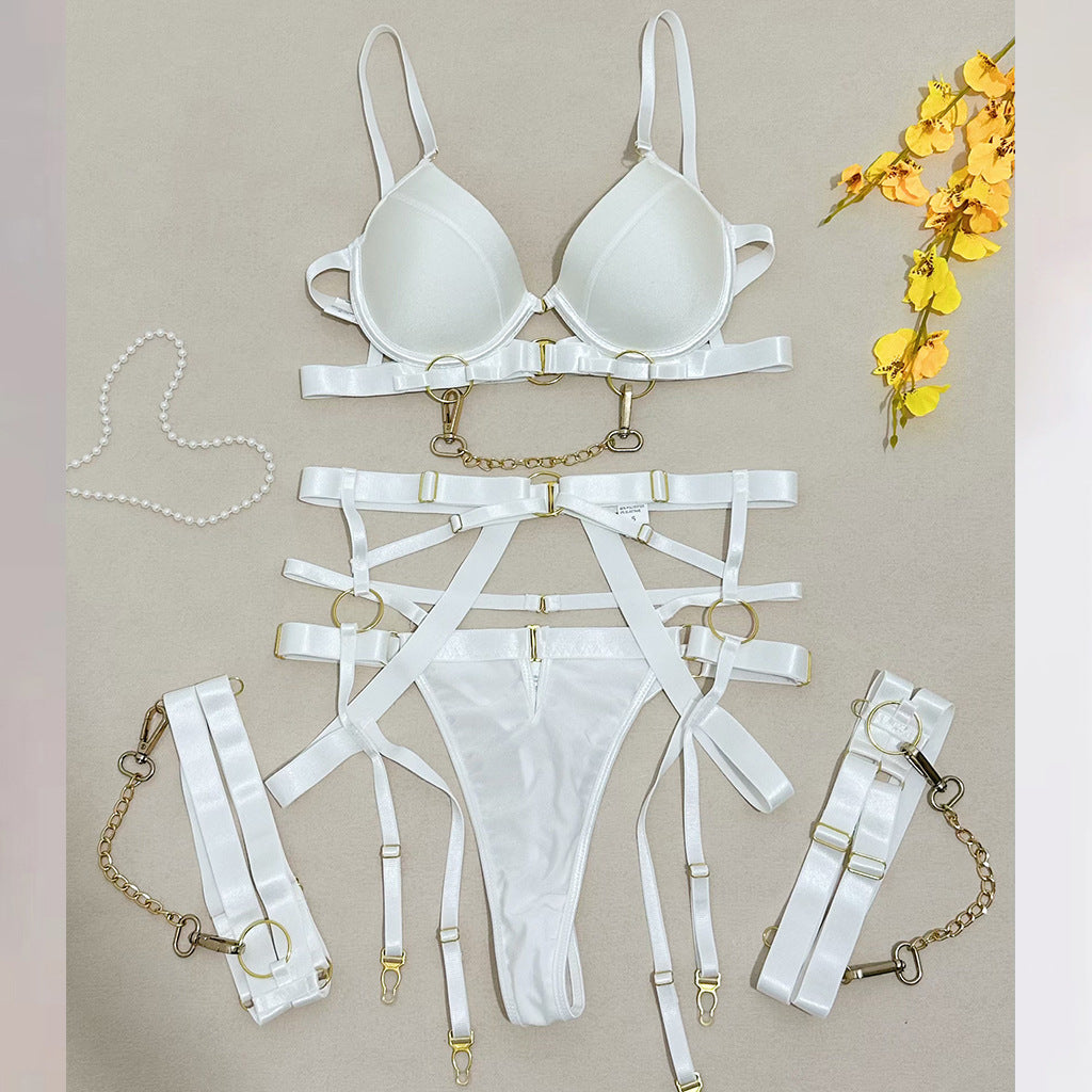 Sexy  Metal Chain Motorcycle Accessories Complex Craft Front Button Erotic Underwear Four-Piece Set