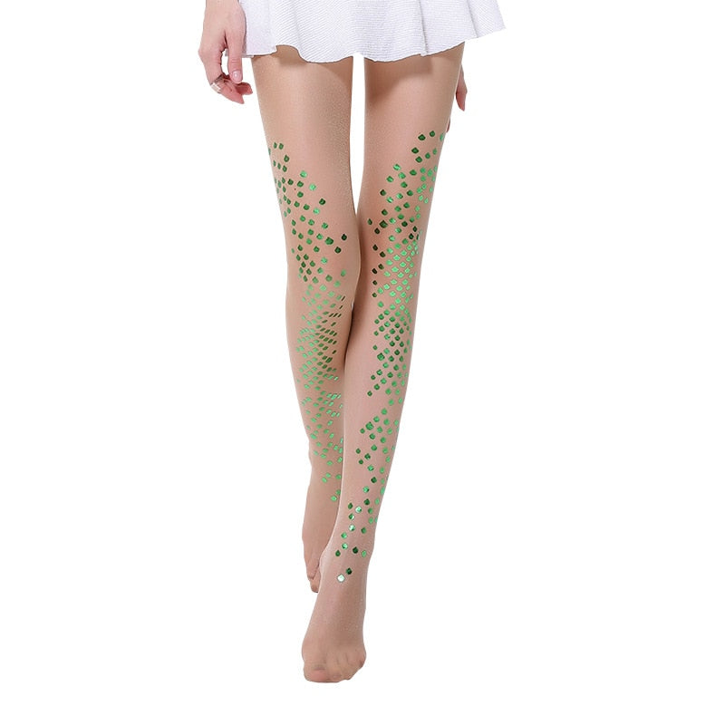 Thin Mermaid Bikini Shiny Pearlescent Nylon No Hook Stockings Hot Silver Print Tattoo Autumn and Winter Socks Women