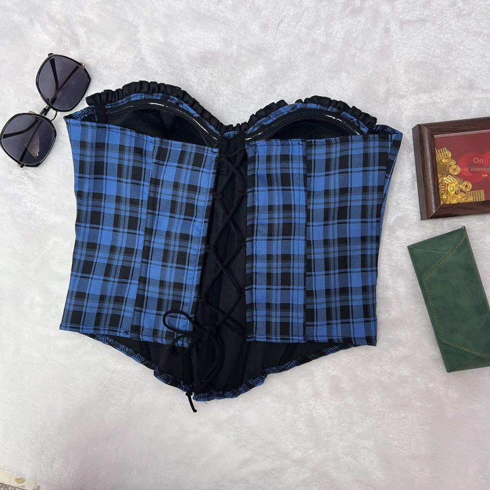 Fishbone corset plaid printed strapless vest