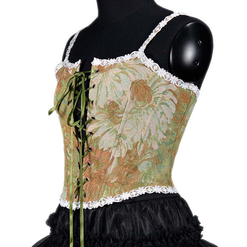 Autumn And Winter Women's French Retro Oil Painting Jacquard Embroidery Camisole Fishbone Shapewear Lace Lace-Up Corset