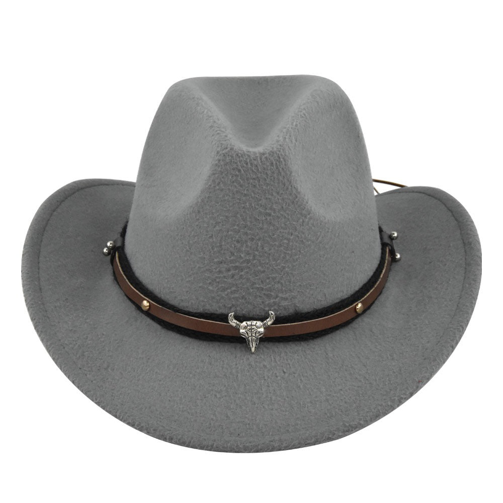 New European and American Cowhead Western Denim Hat Woolen British Jazz Hat Mens and Womens Famous Ethnic Style Big Eaves Hat