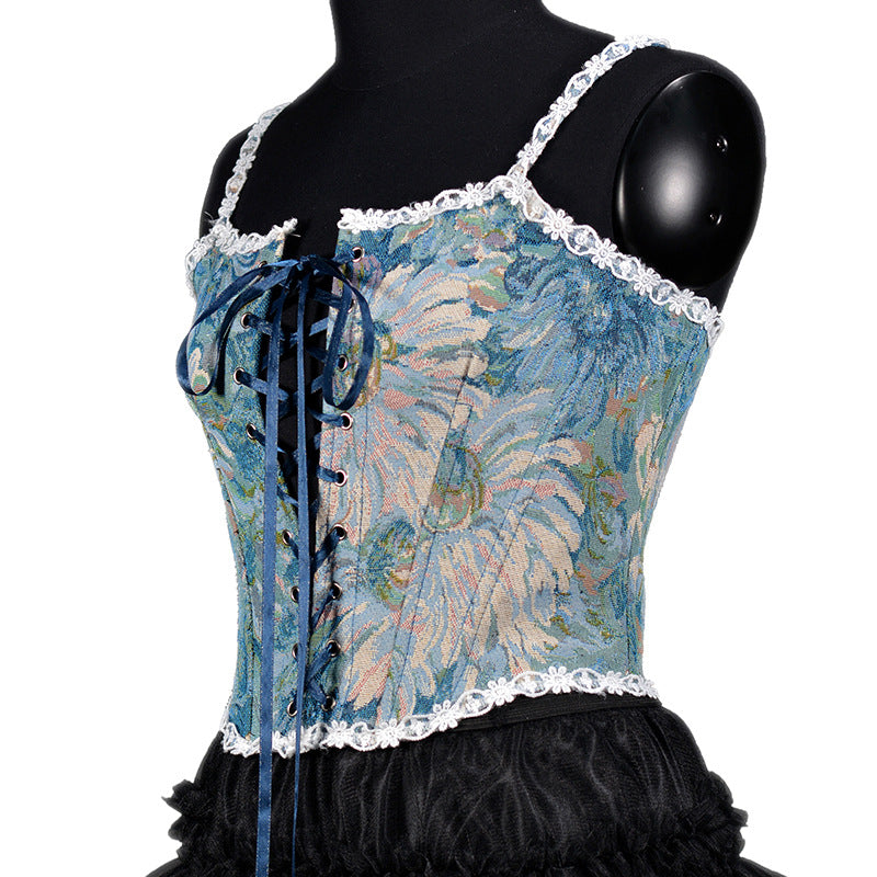 Autumn And Winter Women's French Retro Oil Painting Jacquard Embroidery Camisole Fishbone Shapewear Lace Lace-Up Corset