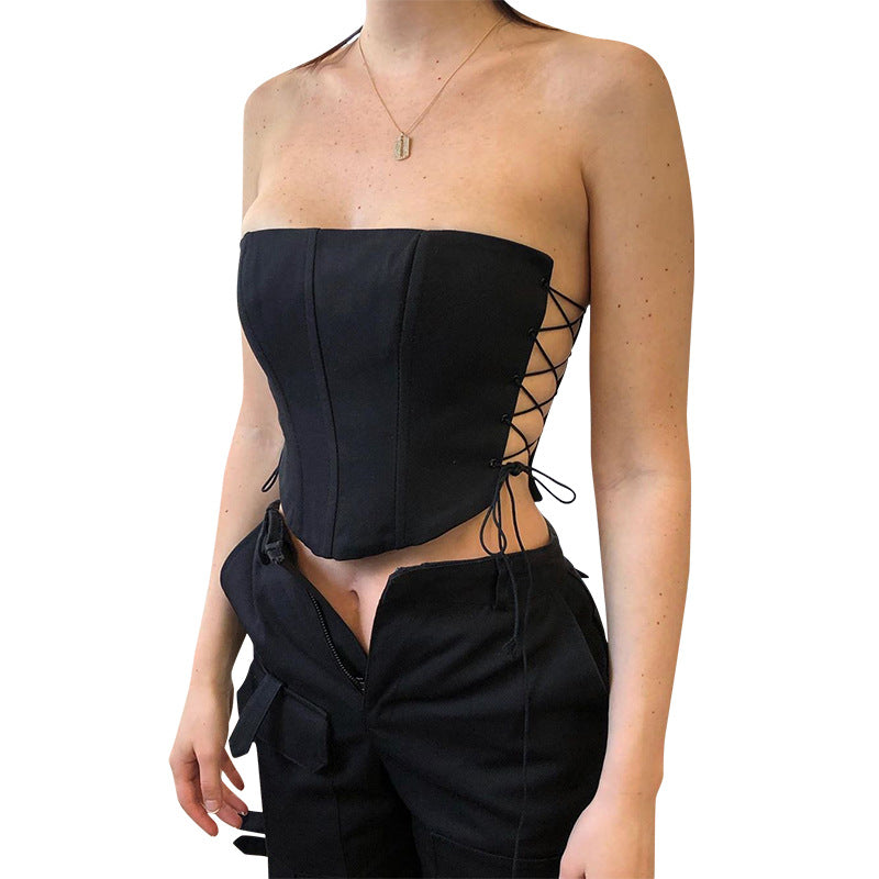 New Women's Solid Color Sleeveless Sexy Wrap Chest Open Back Eyelet Side Strap Corset