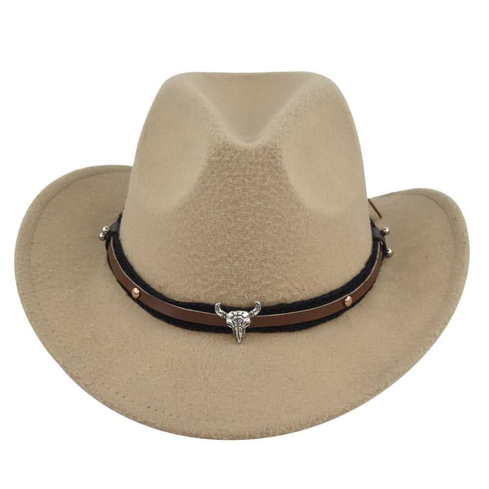 New European and American Cowhead Western Denim Hat Woolen British Jazz Hat Mens and Womens Famous Ethnic Style Big Eaves Hat