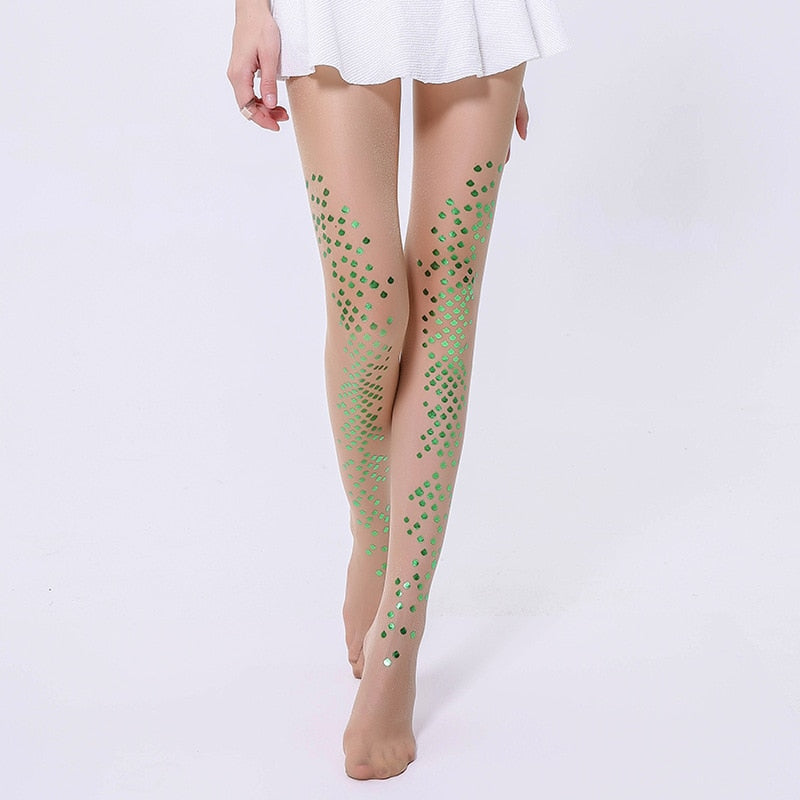 Thin Mermaid Bikini Shiny Pearlescent Nylon No Hook Stockings Hot Silver Print Tattoo Autumn and Winter Socks Women