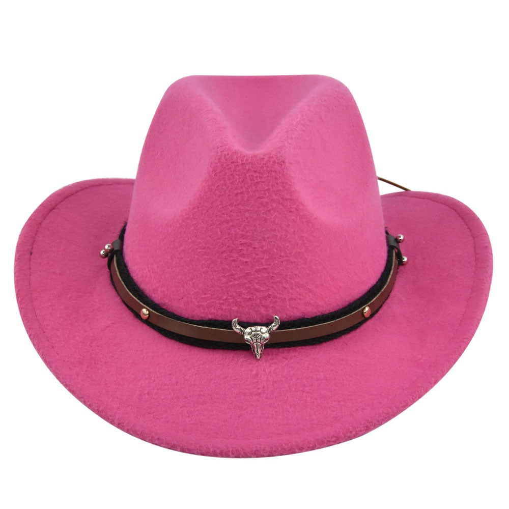 New European and American Cowhead Western Denim Hat Woolen British Jazz Hat Mens and Womens Famous Ethnic Style Big Eaves Hat