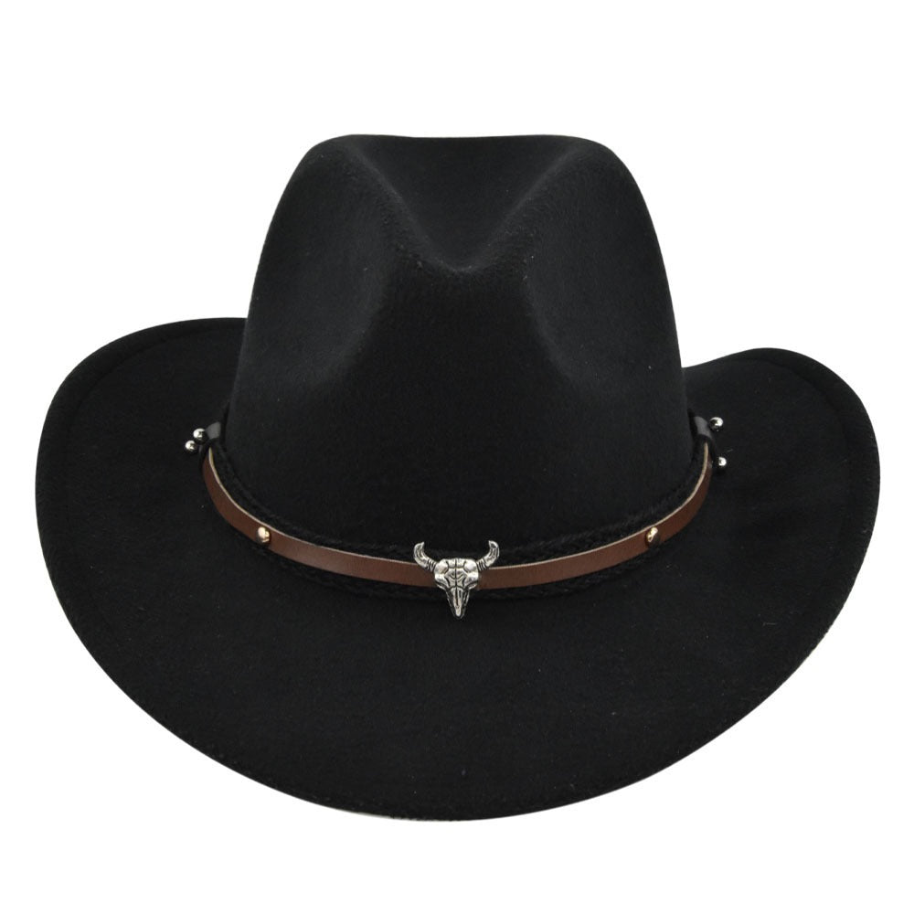 New European and American Cowhead Western Denim Hat Woolen British Jazz Hat Mens and Womens Famous Ethnic Style Big Eaves Hat