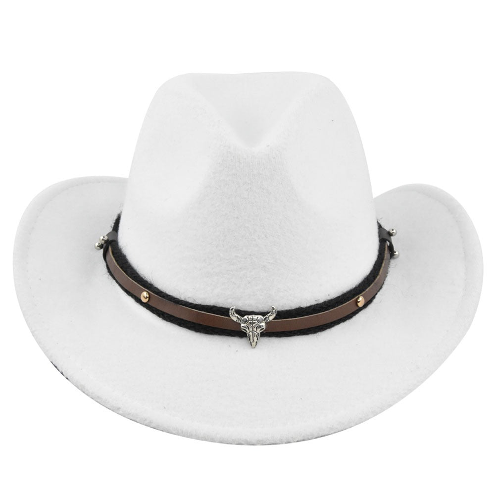 New European and American Cowhead Western Denim Hat Woolen British Jazz Hat Mens and Womens Famous Ethnic Style Big Eaves Hat