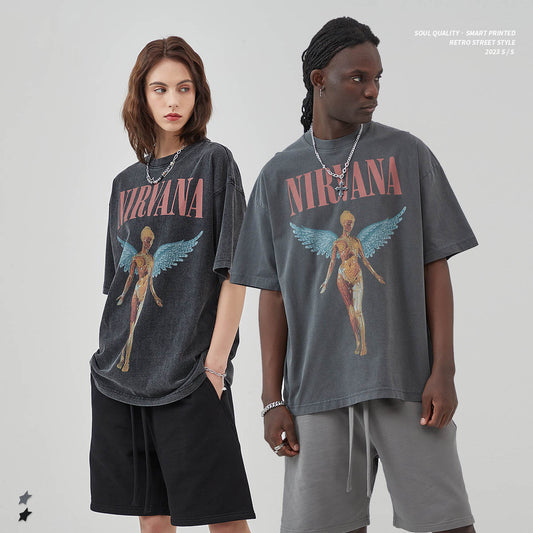 Mens and Womens Wear New Washing Water, Old Rock Band Printing, Vintage Short Sleeve, European High Street Fashion Brand T