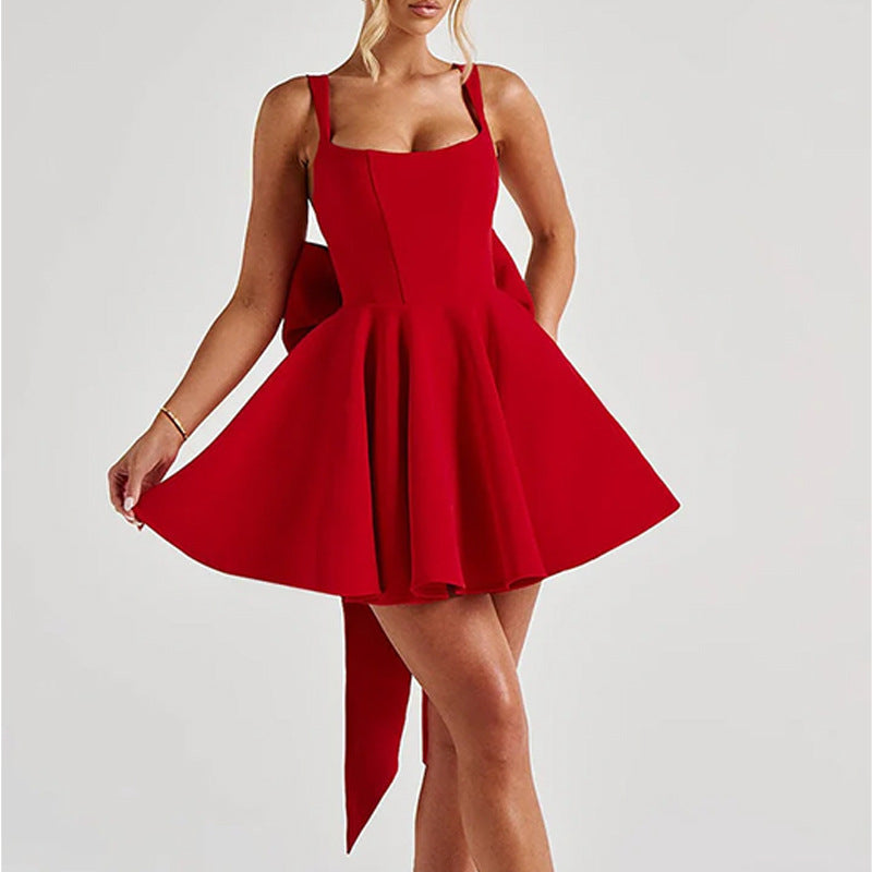 Sweetheart Backless Large Bow Strapless Dress Women's Unique Corset Pattern Splicing Short Skirt