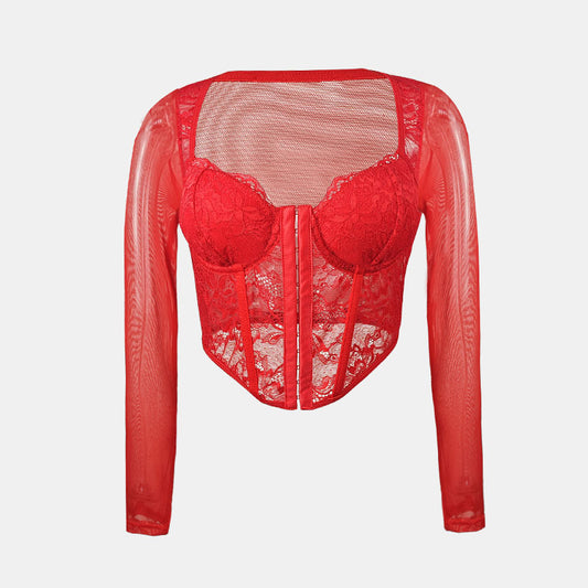Lace waist cinched low neck top sexy see through fishbone corset long sleeved