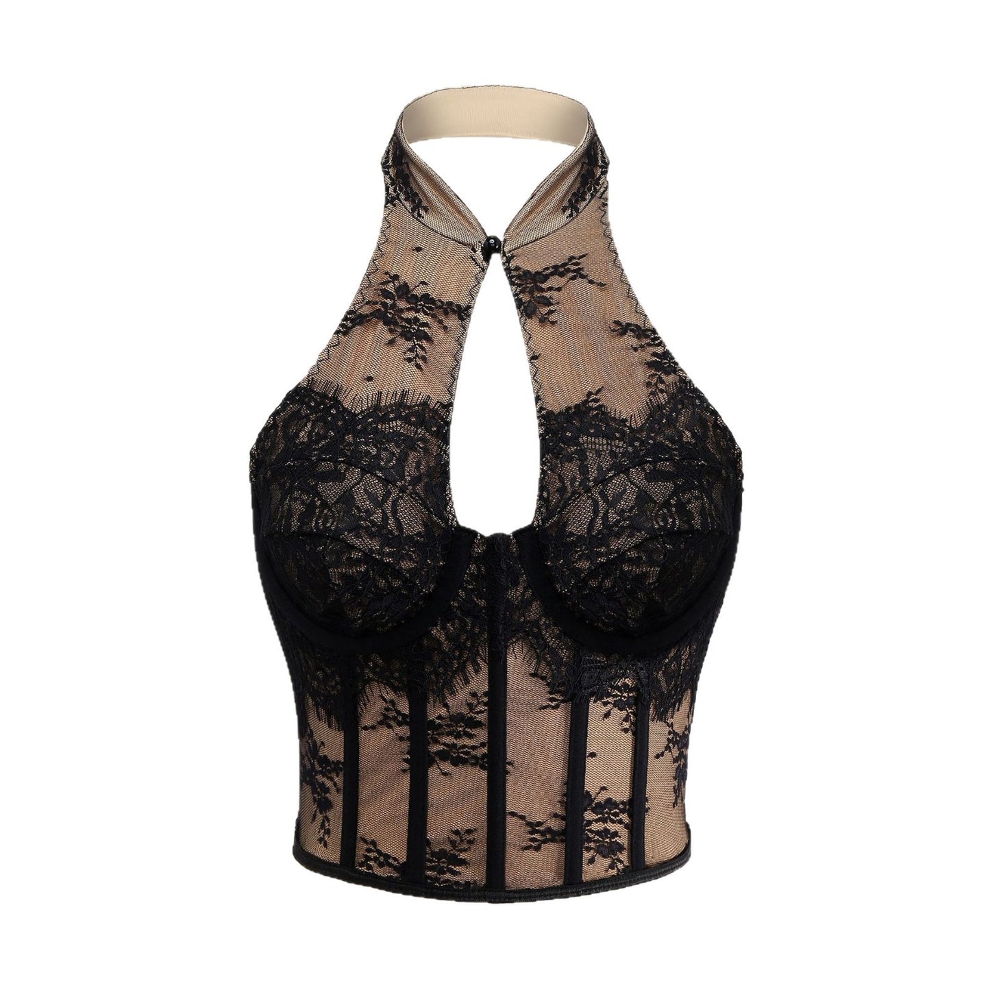 Sexy Lace Chinese Cheongsam Style Halter Button Fitted Corset Backless Hollow Out Crop Top