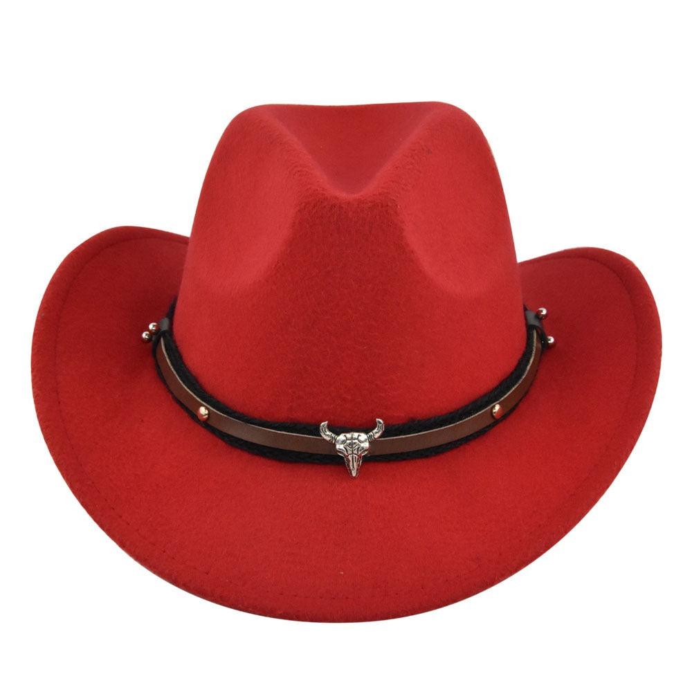 New European and American Cowhead Western Denim Hat Woolen British Jazz Hat Mens and Womens Famous Ethnic Style Big Eaves Hat