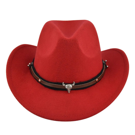 New European and American Cowhead Western Denim Hat Woolen British Jazz Hat Mens and Womens Famous Ethnic Style Big Eaves Hat