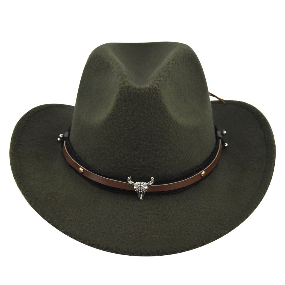 New European and American Cowhead Western Denim Hat Woolen British Jazz Hat Mens and Womens Famous Ethnic Style Big Eaves Hat