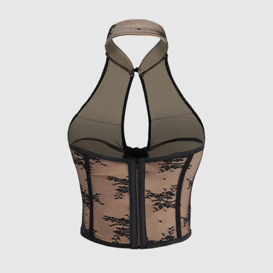 Sexy Lace Chinese Cheongsam Style Halter Button Fitted Corset Backless Hollow Out Crop Top