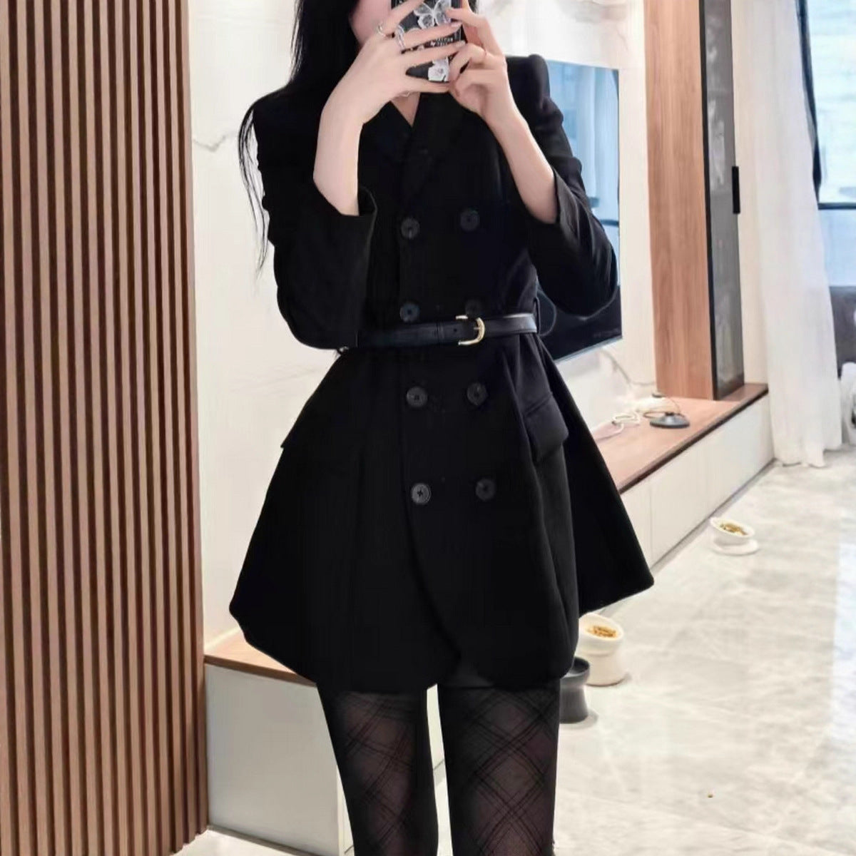 Double breasted black suit women's lace up waist jacket