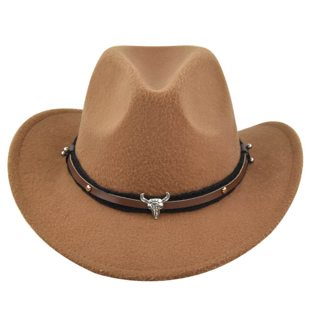 New European and American Cowhead Western Denim Hat Woolen British Jazz Hat Mens and Womens Famous Ethnic Style Big Eaves Hat