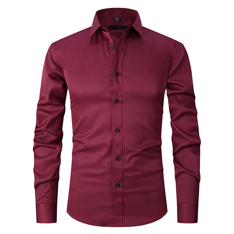 Solid color elastic shirt men's long sleeved cross-border men's fashion shirt men's top slim fit men's clothing