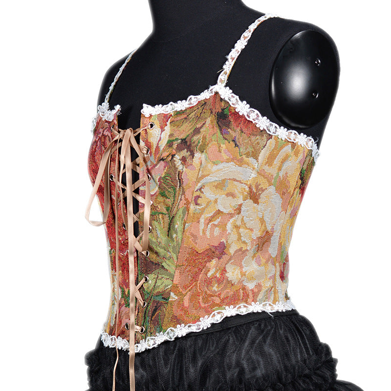 Autumn And Winter Women's French Retro Oil Painting Jacquard Embroidery Camisole Fishbone Shapewear Lace Lace-Up Corset