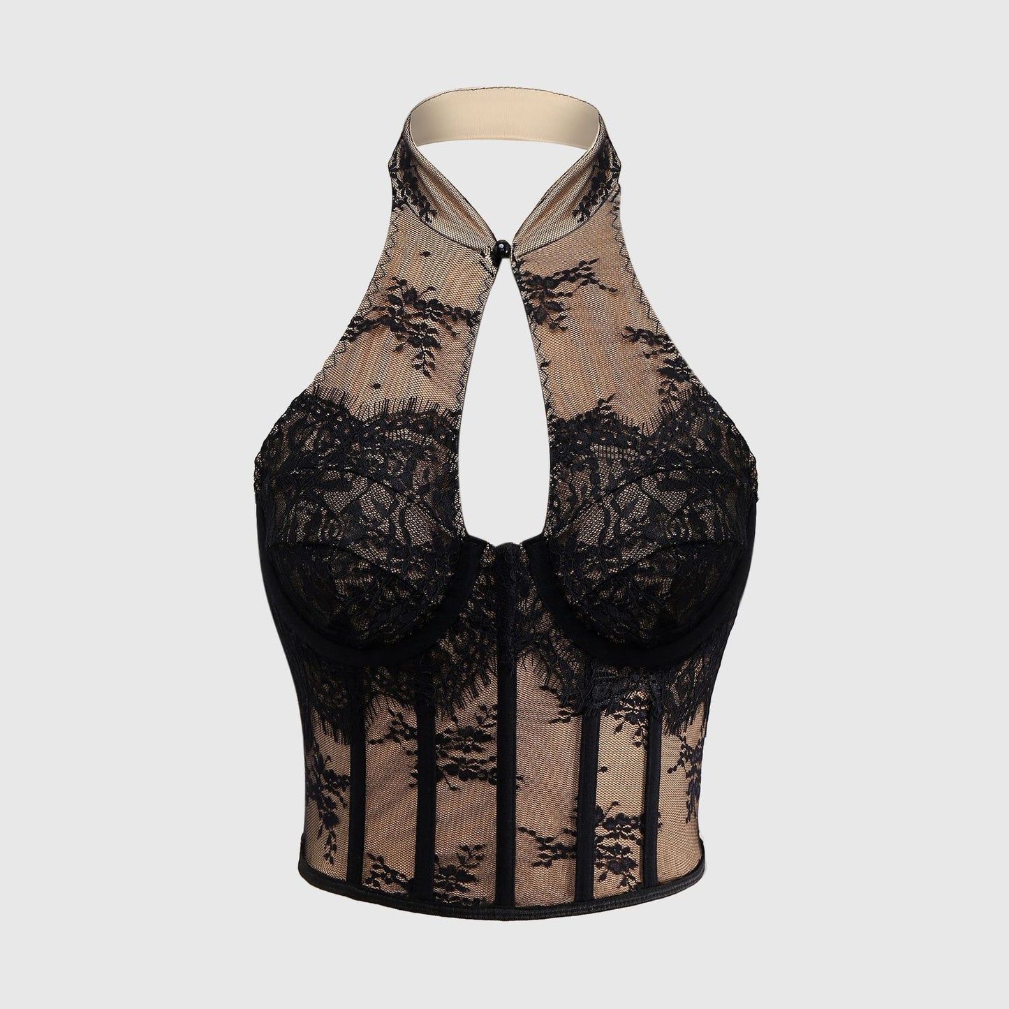 Sexy Lace Chinese Cheongsam Style Halter Button Fitted Corset Backless Hollow Out Crop Top