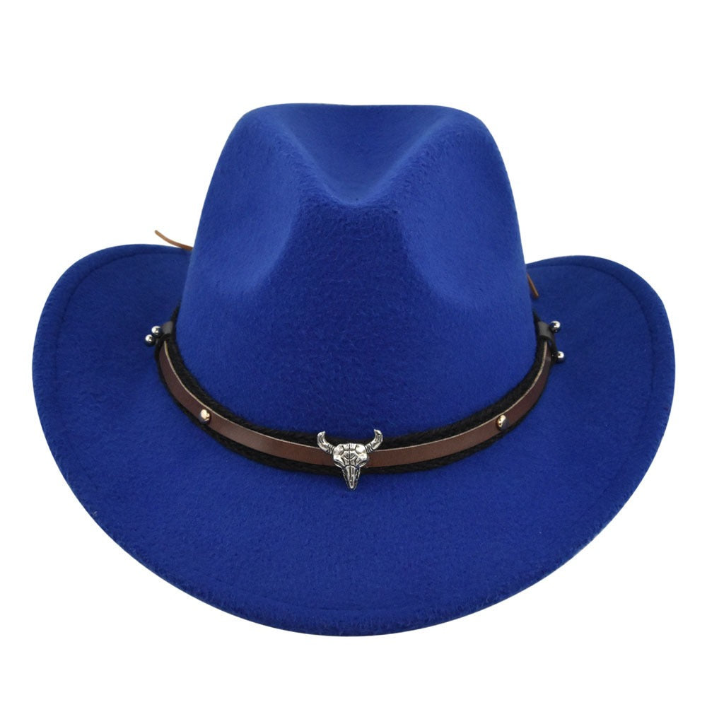 New European and American Cowhead Western Denim Hat Woolen British Jazz Hat Mens and Womens Famous Ethnic Style Big Eaves Hat