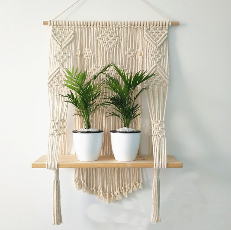 Boho Vibes Macrame Plant Hanger with Shelf