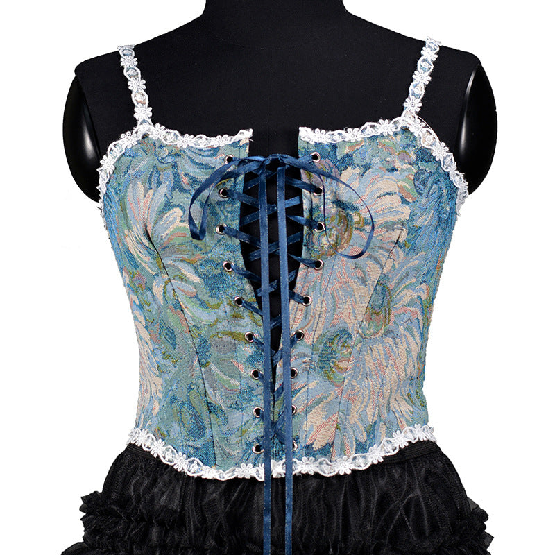 Autumn And Winter Women's French Retro Oil Painting Jacquard Embroidery Camisole Fishbone Shapewear Lace Lace-Up Corset