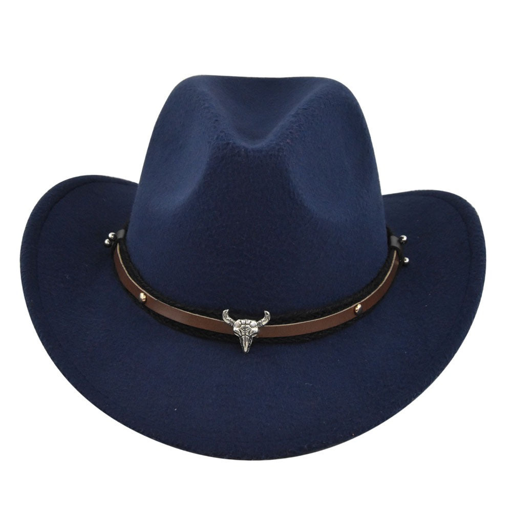 New European and American Cowhead Western Denim Hat Woolen British Jazz Hat Mens and Womens Famous Ethnic Style Big Eaves Hat