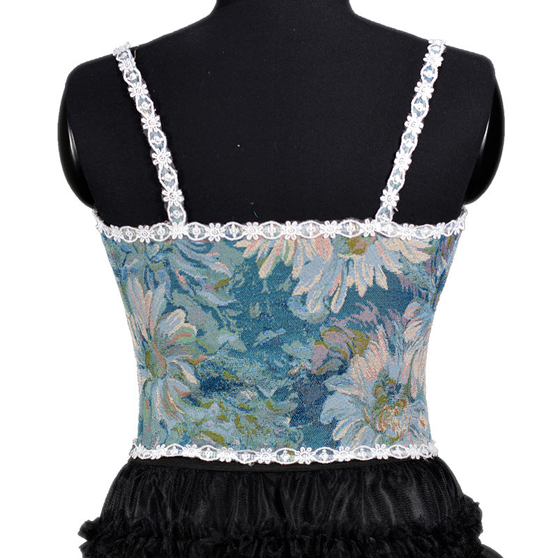 Autumn And Winter Women's French Retro Oil Painting Jacquard Embroidery Camisole Fishbone Shapewear Lace Lace-Up Corset
