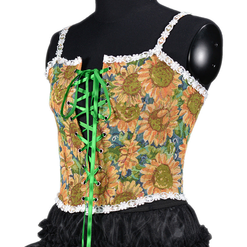 Autumn And Winter Women's French Retro Oil Painting Jacquard Embroidery Camisole Fishbone Shapewear Lace Lace-Up Corset