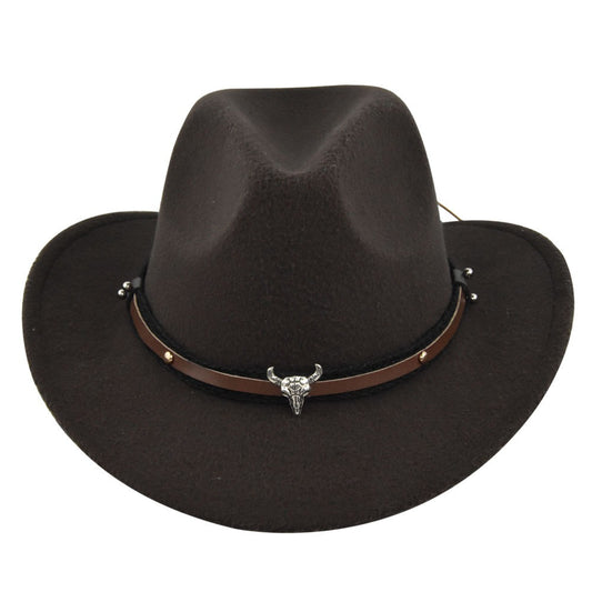 New European and American Cowhead Western Denim Hat Woolen British Jazz Hat Mens and Womens Famous Ethnic Style Big Eaves Hat