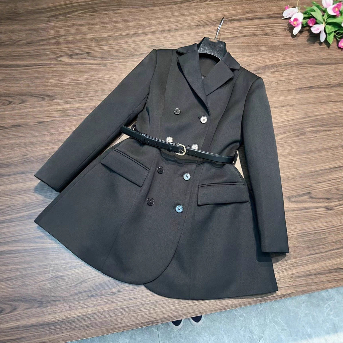 Double breasted black suit women's lace up waist jacket