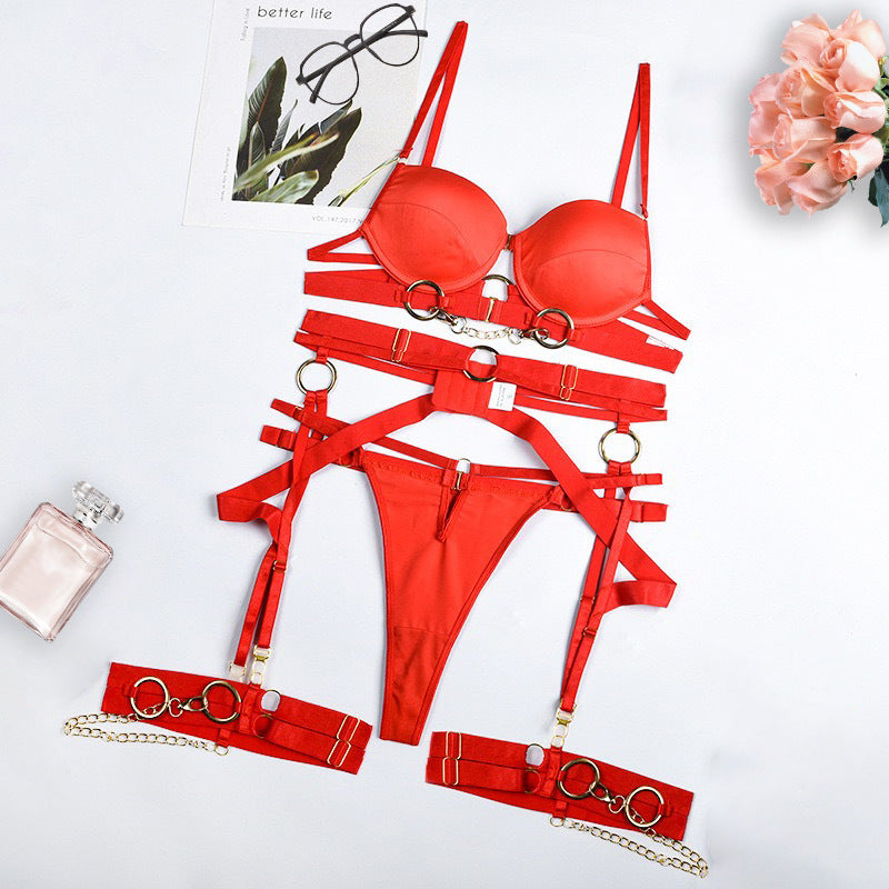 Sexy  Metal Chain Motorcycle Accessories Complex Craft Front Button Erotic Underwear Four-Piece Set