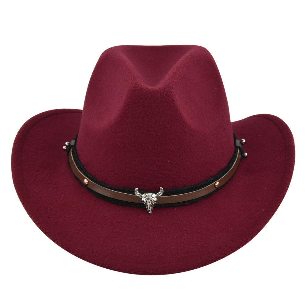 New European and American Cowhead Western Denim Hat Woolen British Jazz Hat Mens and Womens Famous Ethnic Style Big Eaves Hat