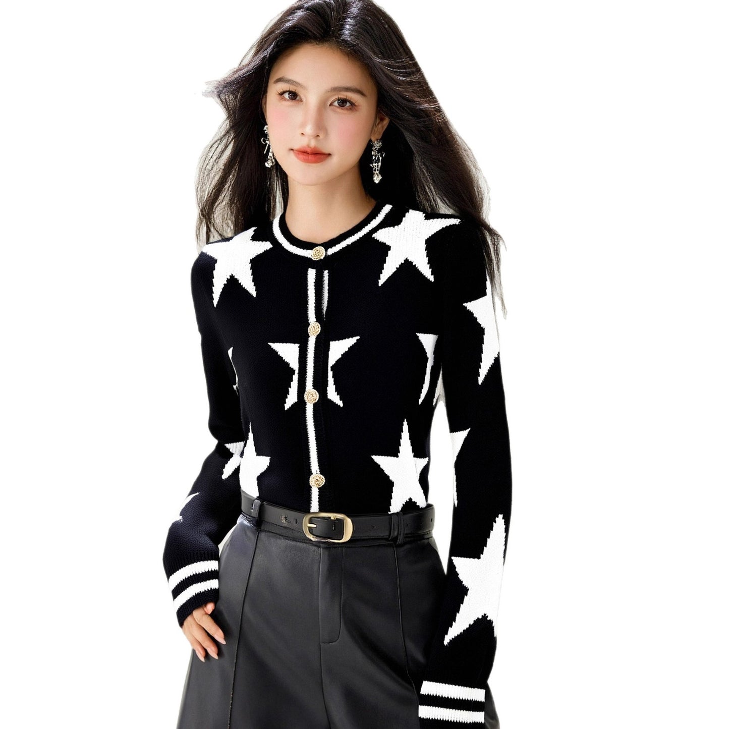 Chic Star Knit Cardigan Long Sleeve Round Neck Open Front Women's French Style Slim Fit Sweater Coat