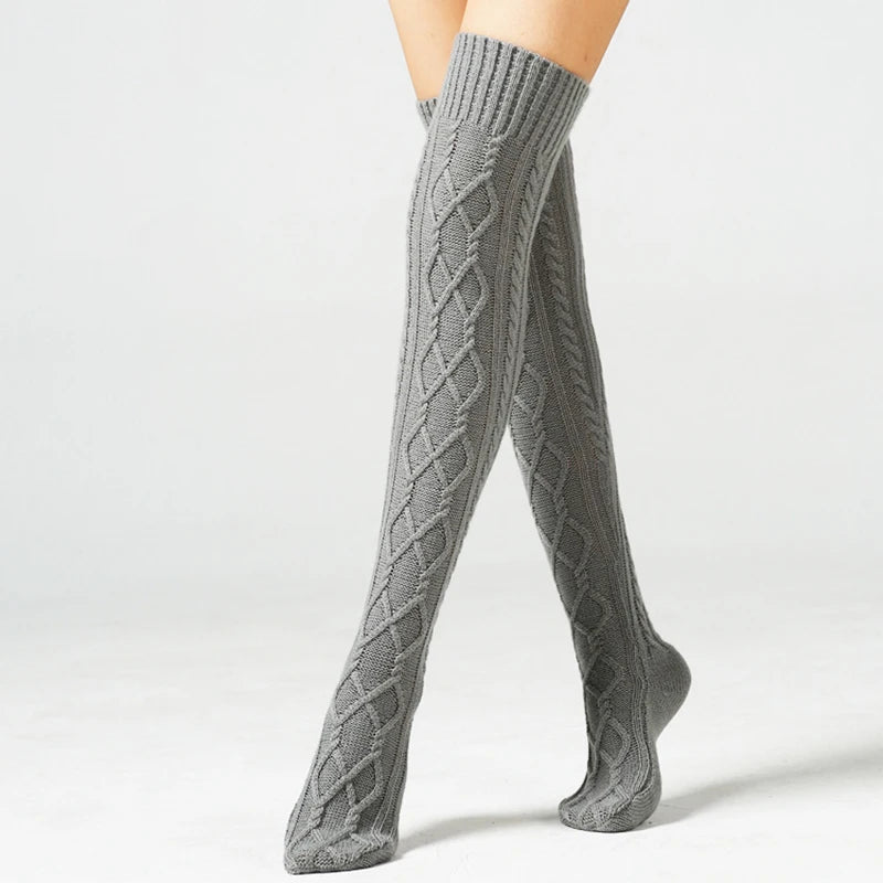 Knitted knee over foot warm leg socks knitted yarn warm knee pads double diamond shaped floor socks