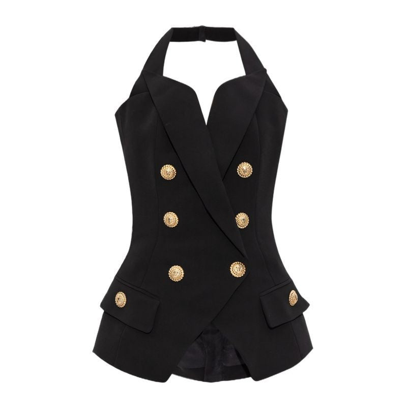 Autumn niche design hanging neck sexy backless little woman double breasted temperament small tank top vest vest vest