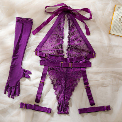Purple Lace Halter Deep V Jumpsuit Set