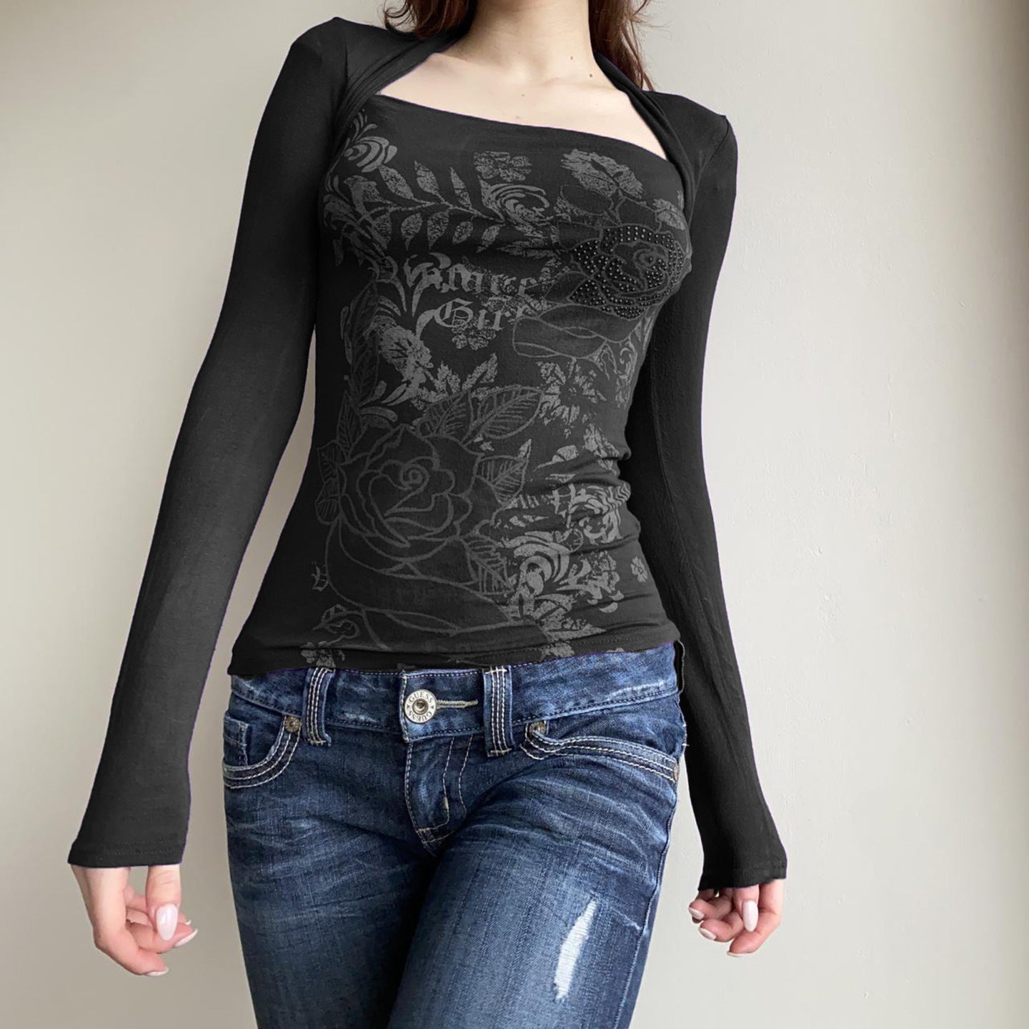 Dark Floral Print Square Neck Slim Fit Long Sleeve