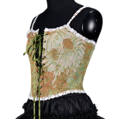 Autumn And Winter Women's French Retro Oil Painting Jacquard Embroidery Camisole Fishbone Shapewear Lace Lace-Up Corset