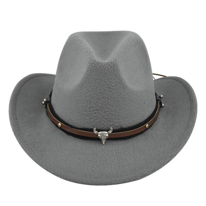New European and American Cowhead Western Denim Hat Woolen British Jazz Hat Mens and Womens Famous Ethnic Style Big Eaves Hat