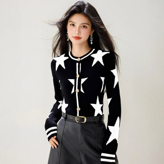 Chic Star Knit Cardigan Long Sleeve Round Neck Open Front Women's French Style Slim Fit Sweater Coat
