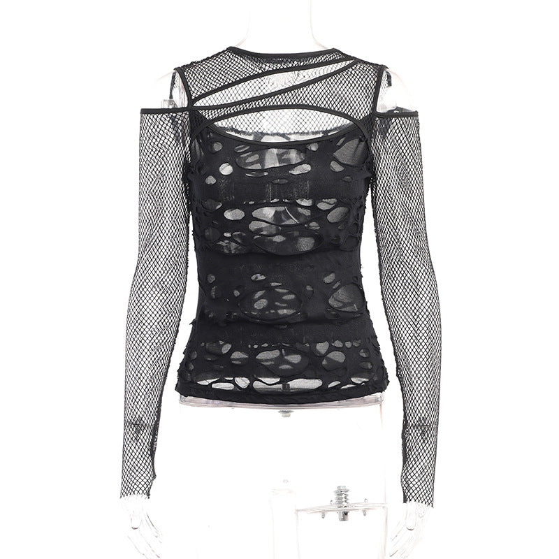 Edgy Mesh Cut-Out Long Sleeve Top