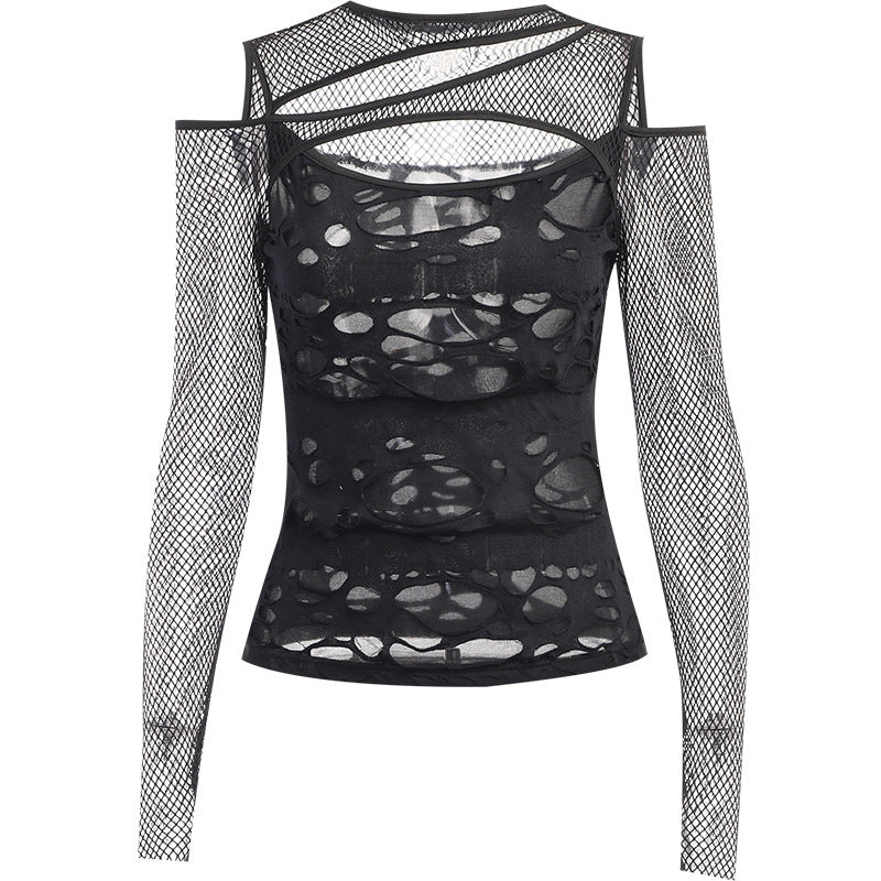 Edgy Mesh Cut-Out Long Sleeve Top