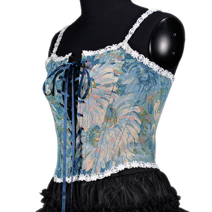 Autumn And Winter Women's French Retro Oil Painting Jacquard Embroidery Camisole Fishbone Shapewear Lace Lace-Up Corset