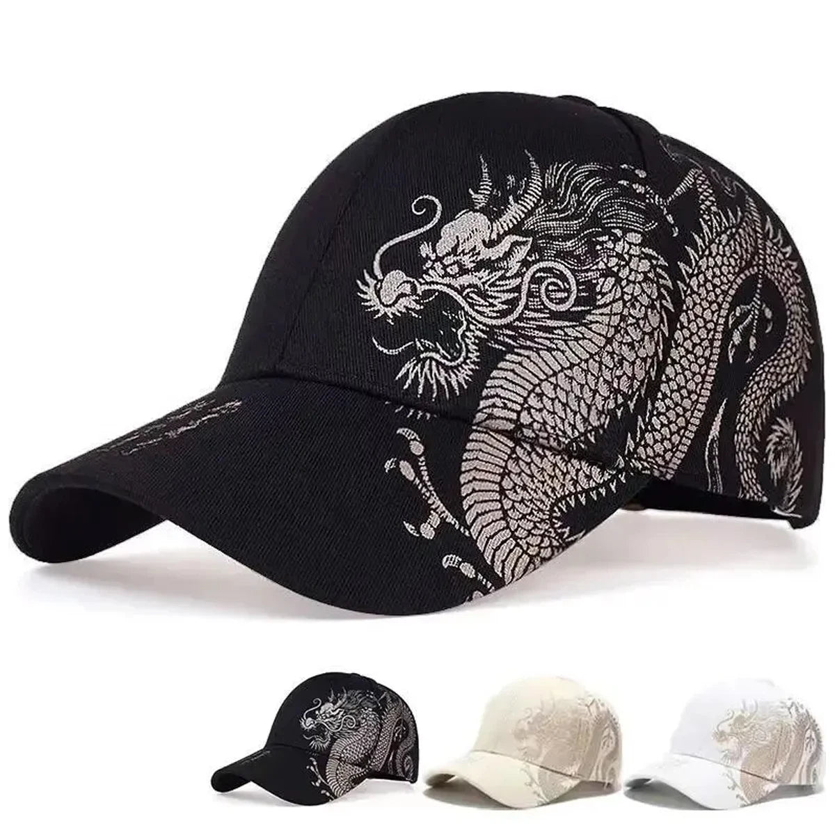 Dragon print duck tongue cap-adjustable baseball cap
