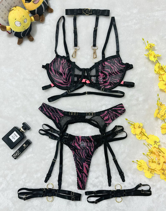 Zebra Print Halter Mesh Detachable Strap Grid Splicing Hollow Out Lingerie Set