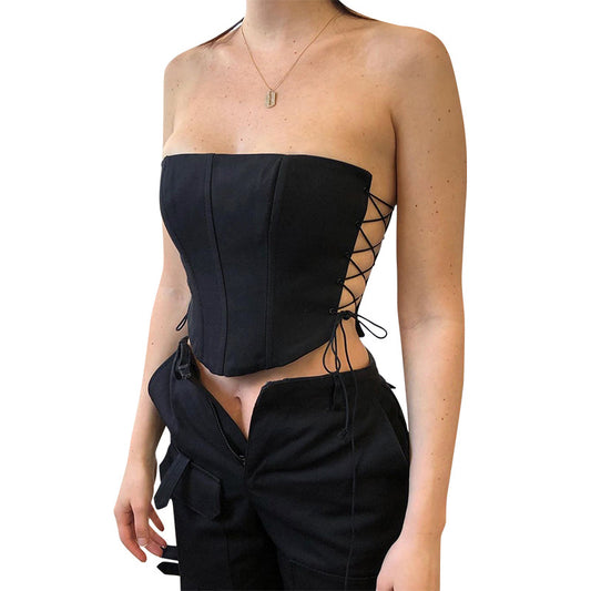New Women's Solid Color Sleeveless Sexy Wrap Chest Open Back Eyelet Side Strap Corset
