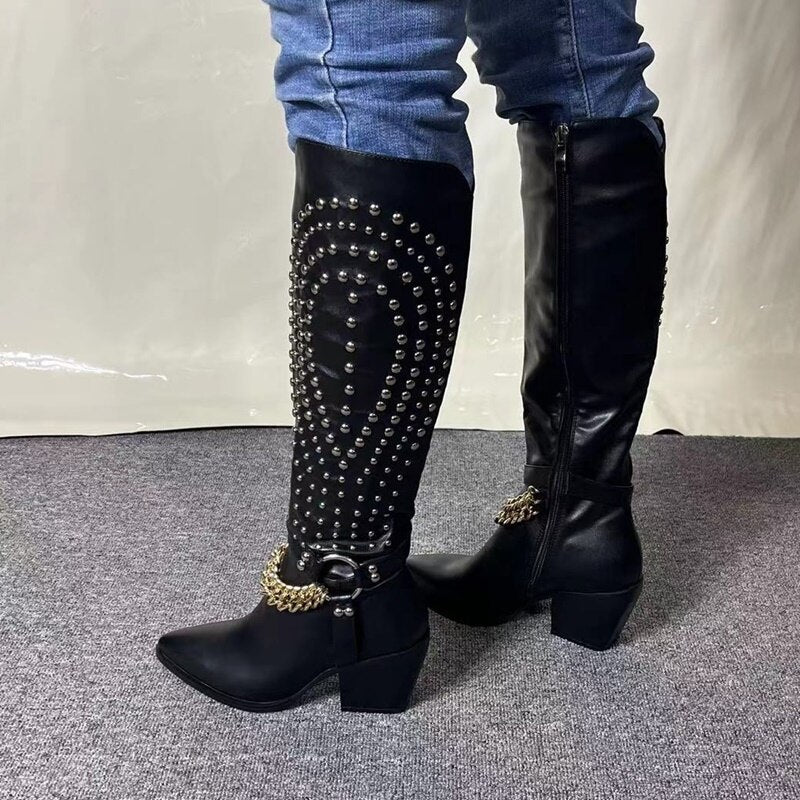 Pointy Toe Motorcycle Boots with Metal Rivets